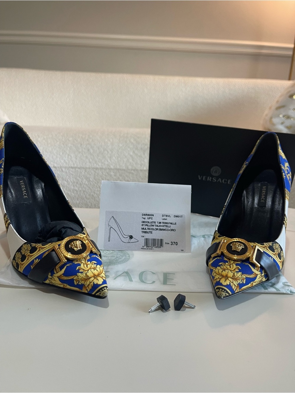 Versace Blue & Gold Baroque Medallion Pointed-Toe Pumps